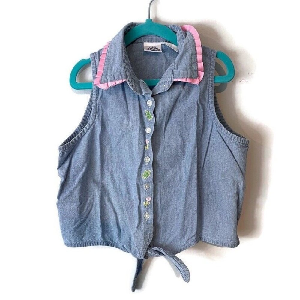 Vtg Girls Hartstrings Sleeveless Denim Chambray Tie Button Front Top Size 12